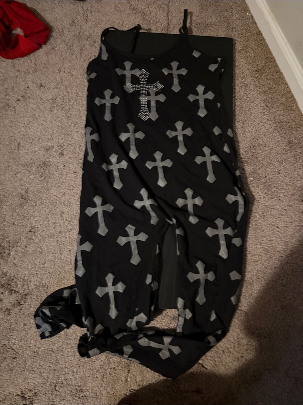 Black Cross Print Tank Dress with Rhinestone Cross Detail - Picture 1 of 2